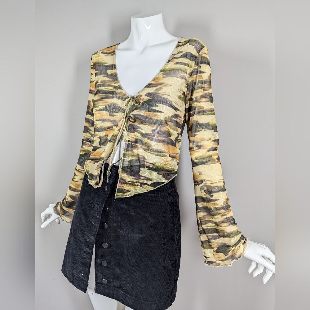 Twik Sheer Mesh Tie Front Long Sleeve Camo Crop Top Size Medium